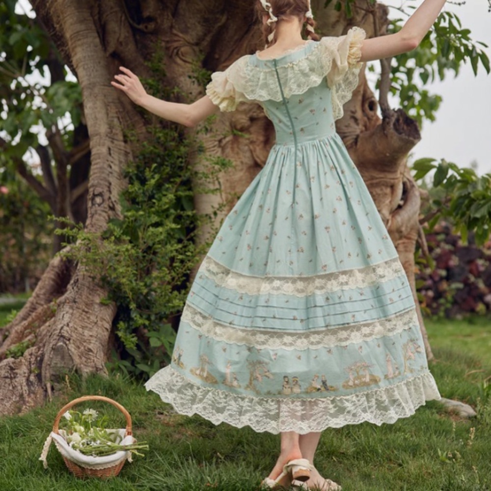 Vintage-Inspired Mint Lace Midi Dress - Romantic Tea-Length Dress - Picture 2 of 8